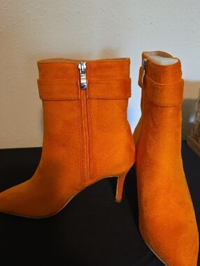 Women's Orange Suede Ankle Boots - Stylish Pointed Toe